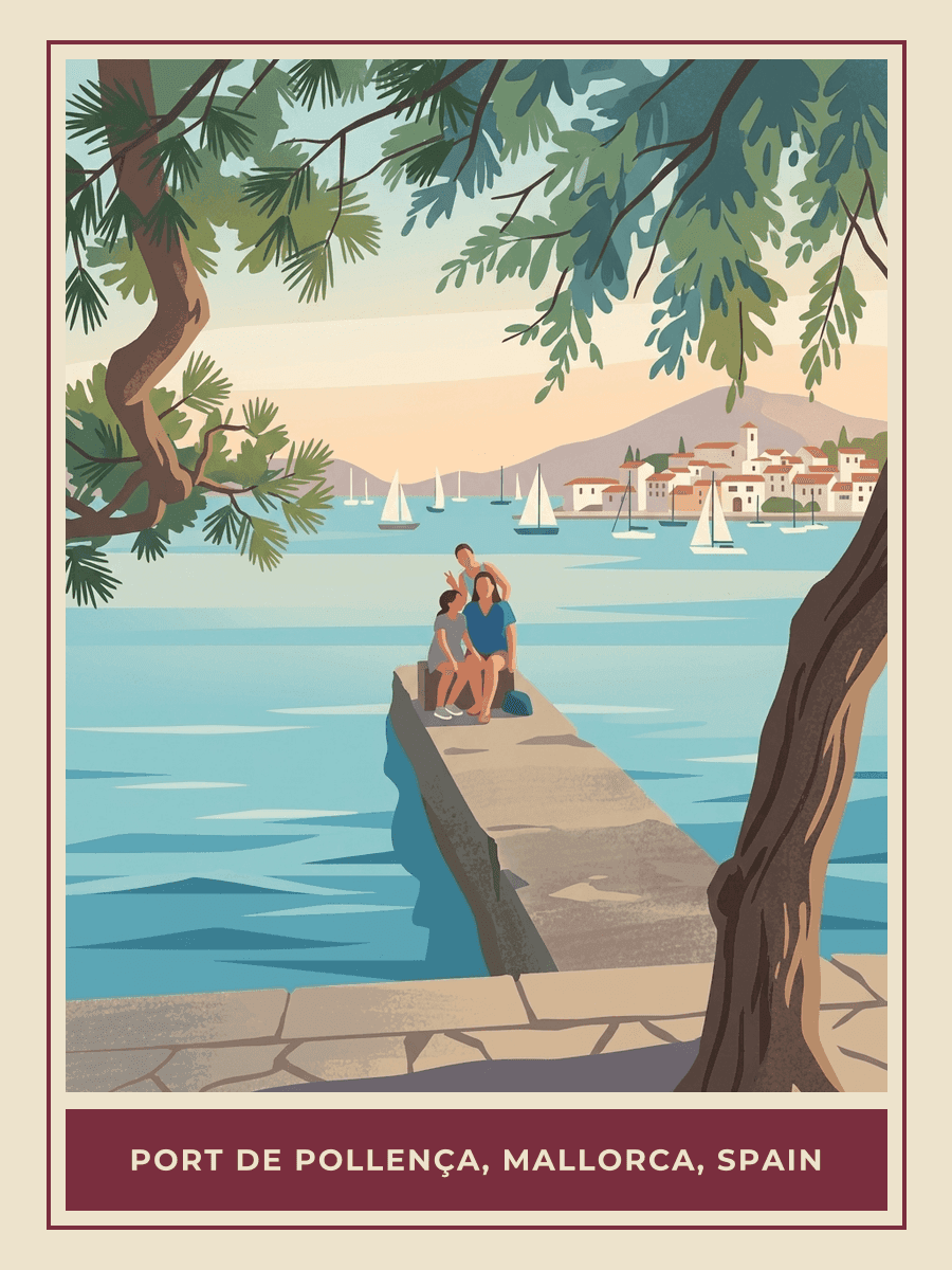 Vintage travel poster of a family sitting on a stone jetty in Mallorca at dusk, Golden Hour mood. RetroRoam.