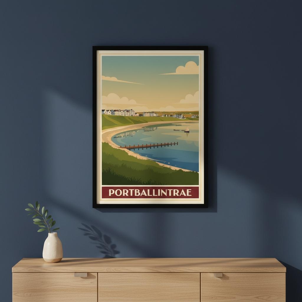 A framed RetroRoam vintage travel poster hanging on a living-room wall.