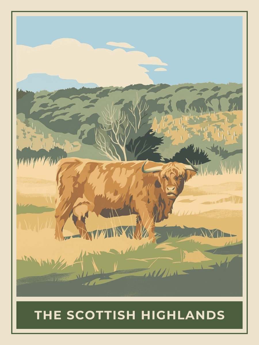 Vintage travel poster of a Highland cow in Scotland, Springtime mood. RetroRoam.