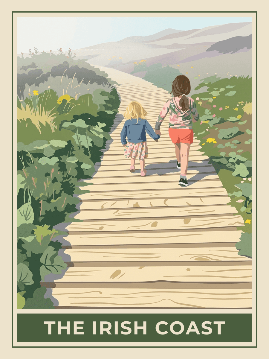 Vintage travel poster of children walking along a boardwalk, Springtime mood. RetroRoam.