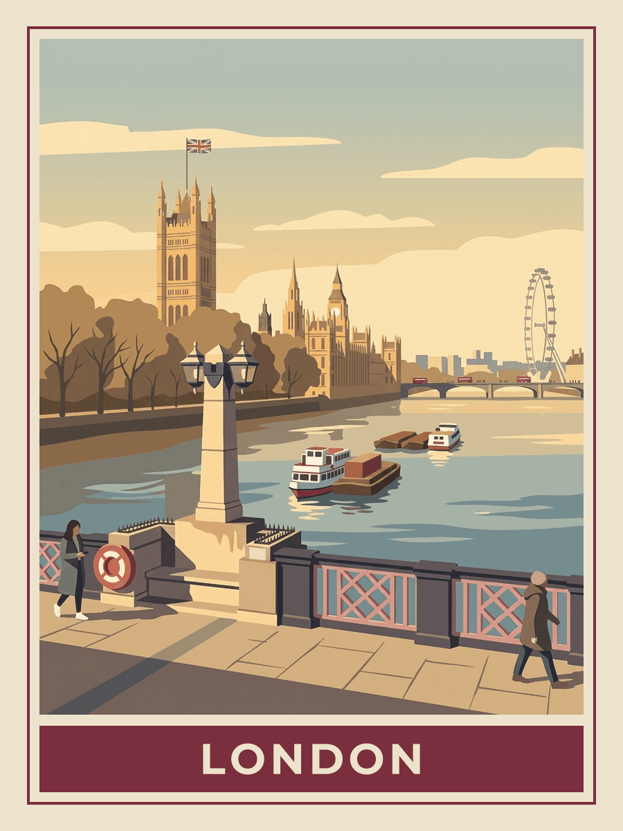Vintage travel poster of the Thames, London, Golden Hour mood. RetroRoam.