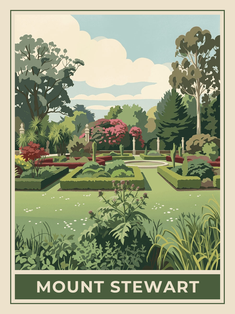 Vintage travel poster of the lake at Mount Stewart, County Down, Springtime mood. RetroRoam.