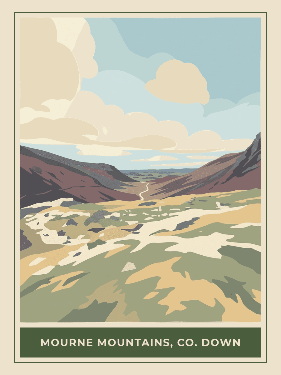 Vintage travel poster of a valley in the Mourne Mountains, County Down, Springtime mood. RetroRoam.