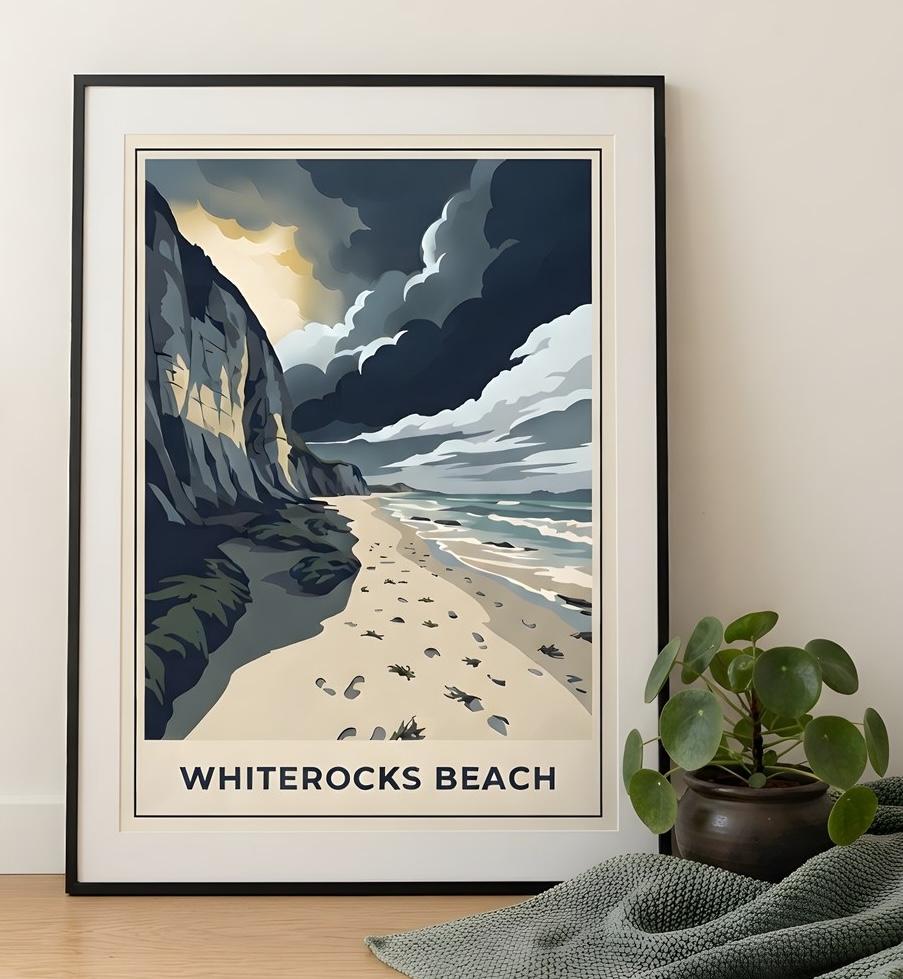 A framed RetroRoam vintage travel poster leaning on a wooden floor.
