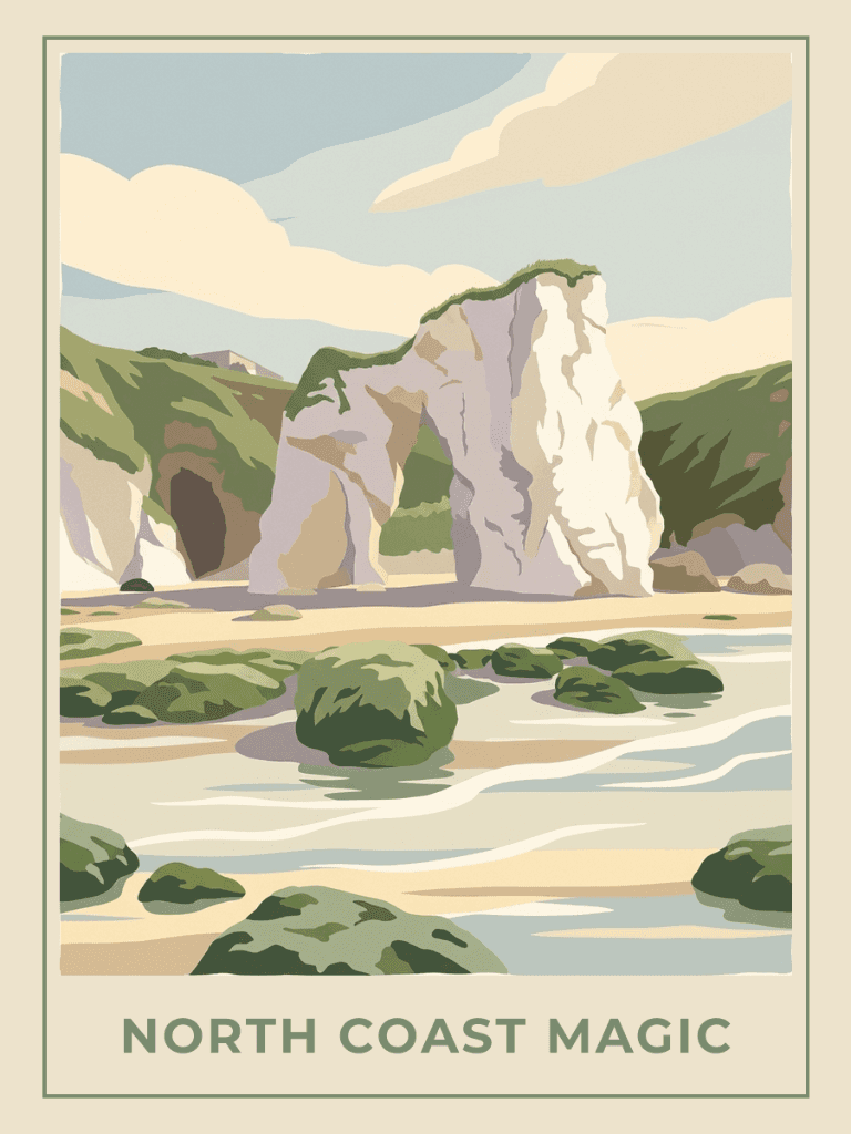 Vintage travel poster of Whiterocks sea arch and rockpools titled North Coast Magic, Springtime mood. RetroRoam.