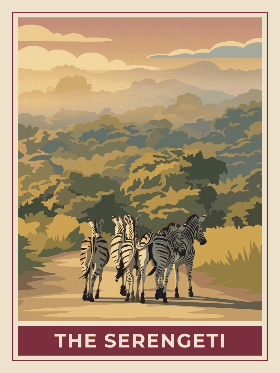 Vintage travel poster of zebras on the savannah, Golden Hour mood. RetroRoam.