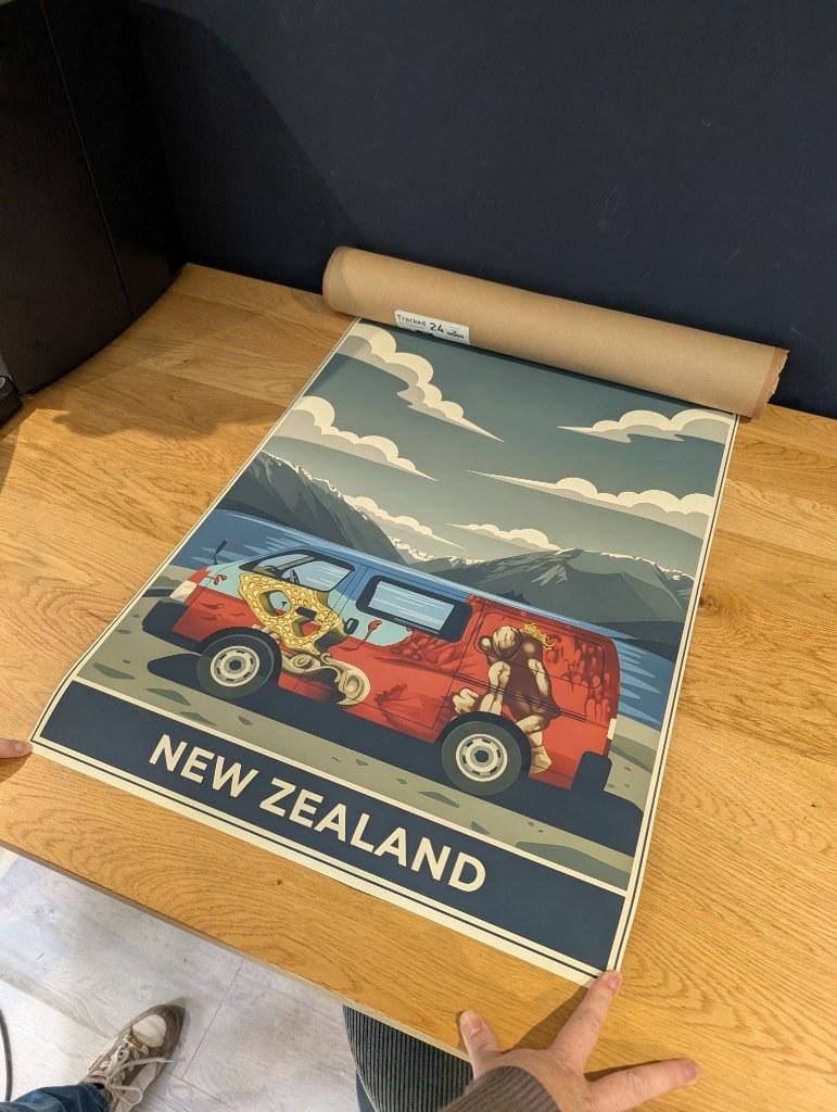 Large RetroRoam print of New Zealand camper van unrolled on workbench