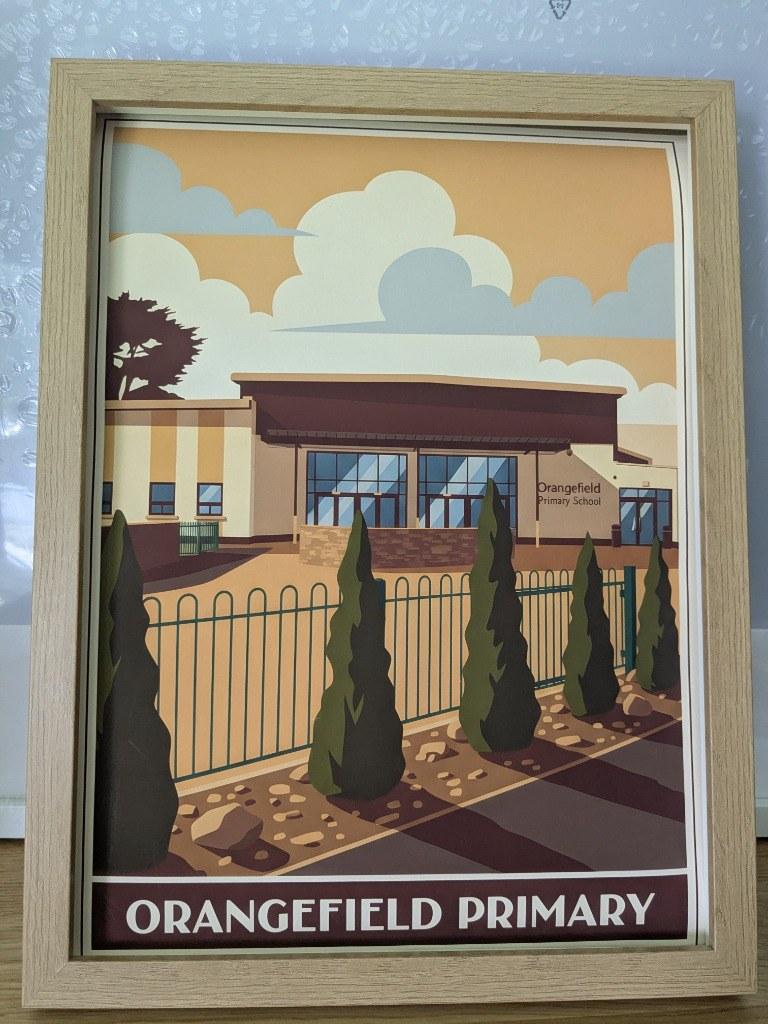 Framed RetroRoam print of Orangefield Primary School in a light oak frame